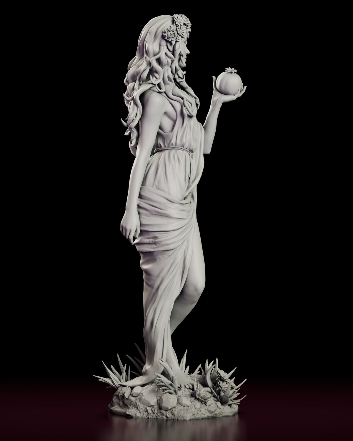 Right side view of Persephone with the pomegranate held at shoulder height