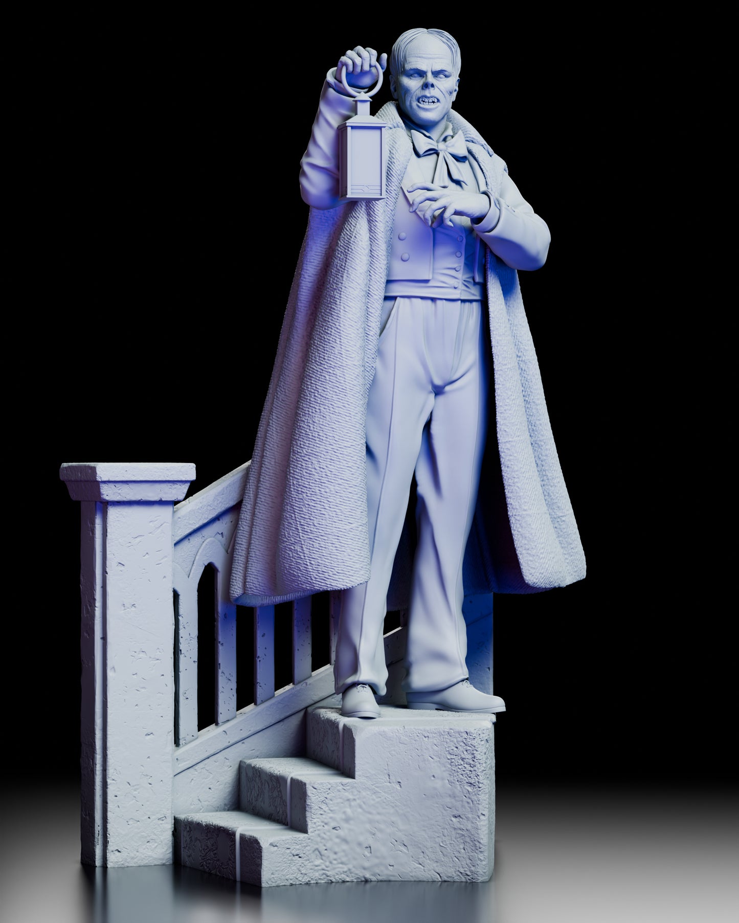 Full front view of the Phantom gothic opera figure model kit holding a lantern while standing on a staircase base with flowing cloak