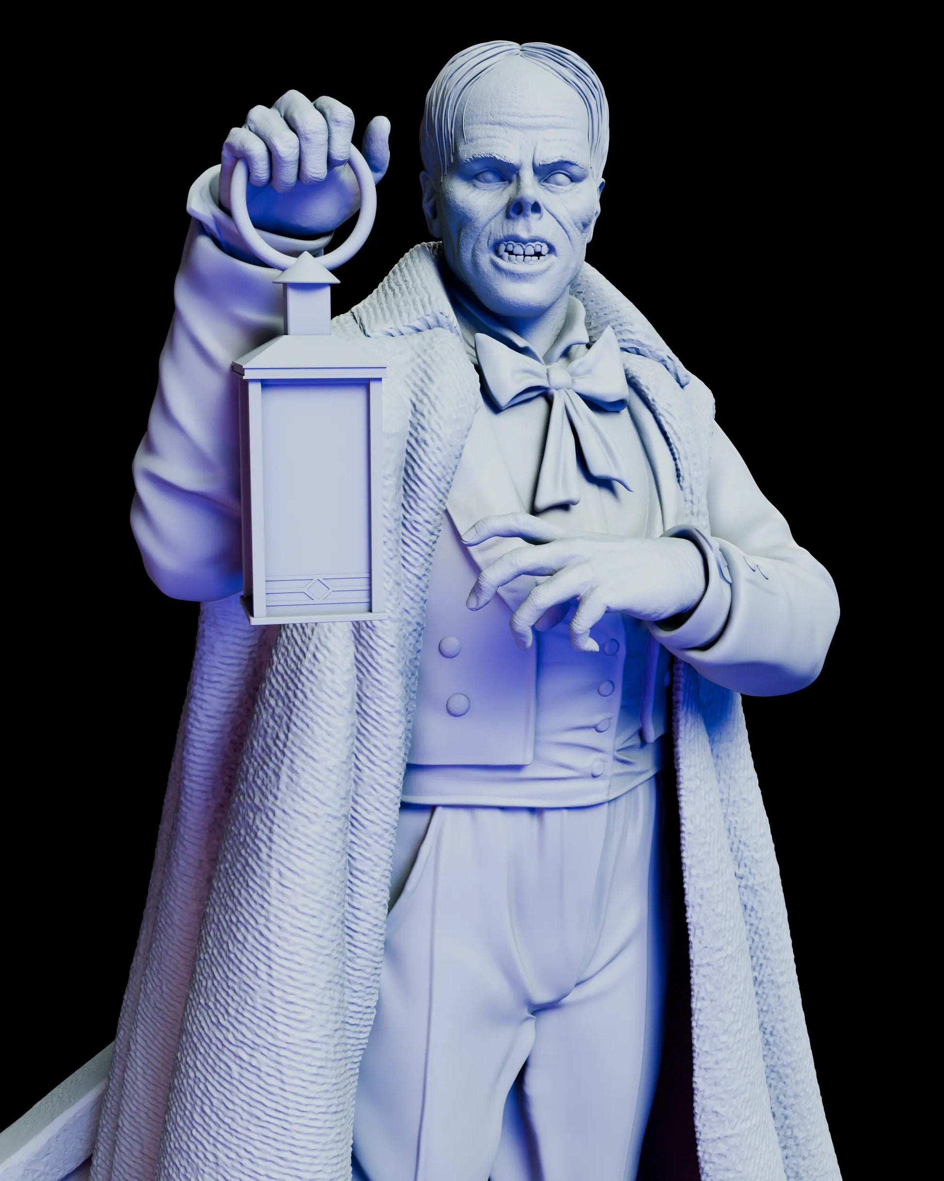 Close-up detail of the Phantom figure showing the face, lantern, and upper body with textured cloak and formal attire