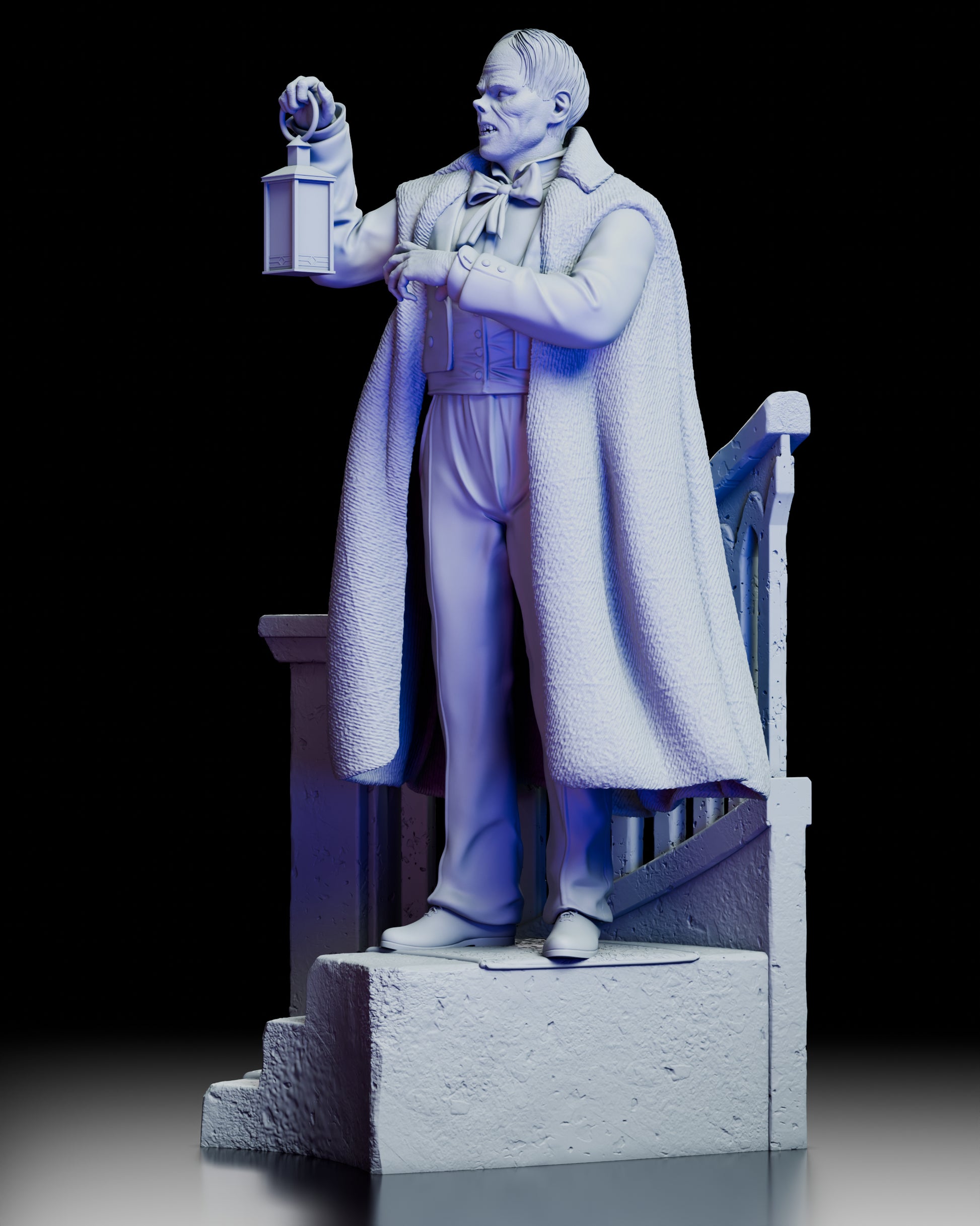 Left side view of the Phantom figure model kit highlighting the staircase base, lantern pose, and layered cloak detail