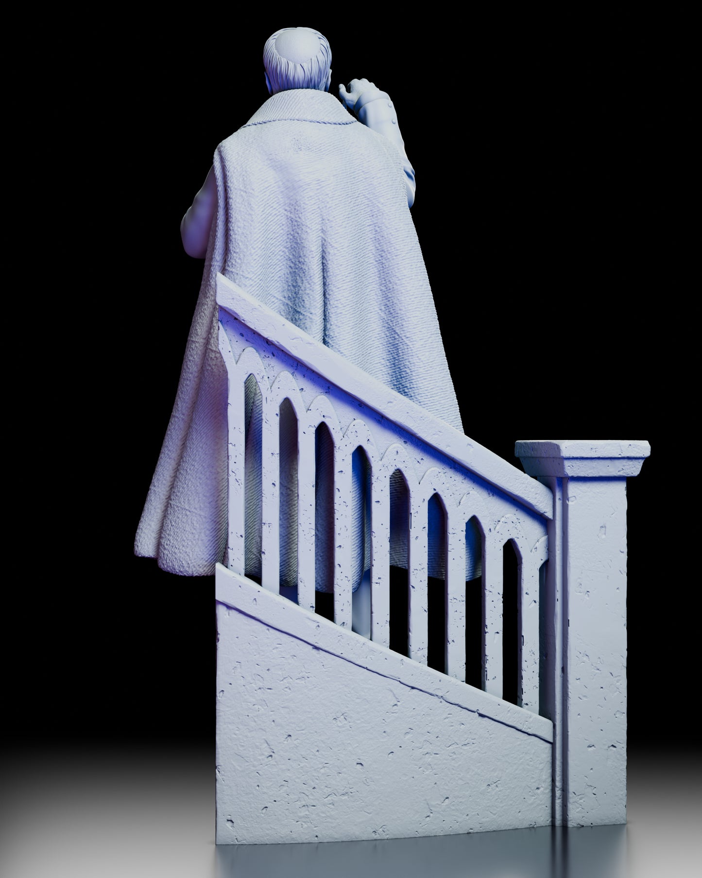 Rear view of the Phantom figure model kit showing the flowing cloak and detailed staircase railing base from behind