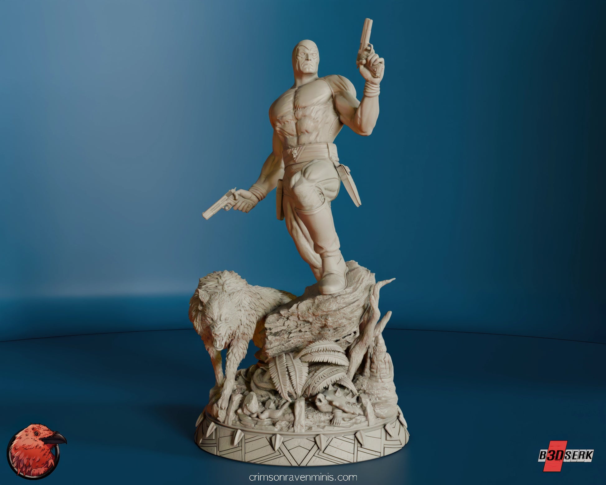 Unpainted resin model of The Phantom standing heroically with dual pistols, accompanied by a wolf, on a detailed base with foliage and rocks.