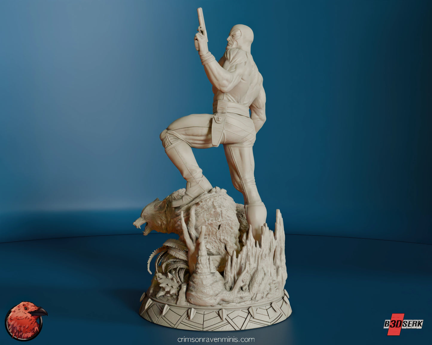 Side view of the unpainted resin model of The Phantom, highlighting the hero's muscular physique and his stance on a rugged base with a wolf.