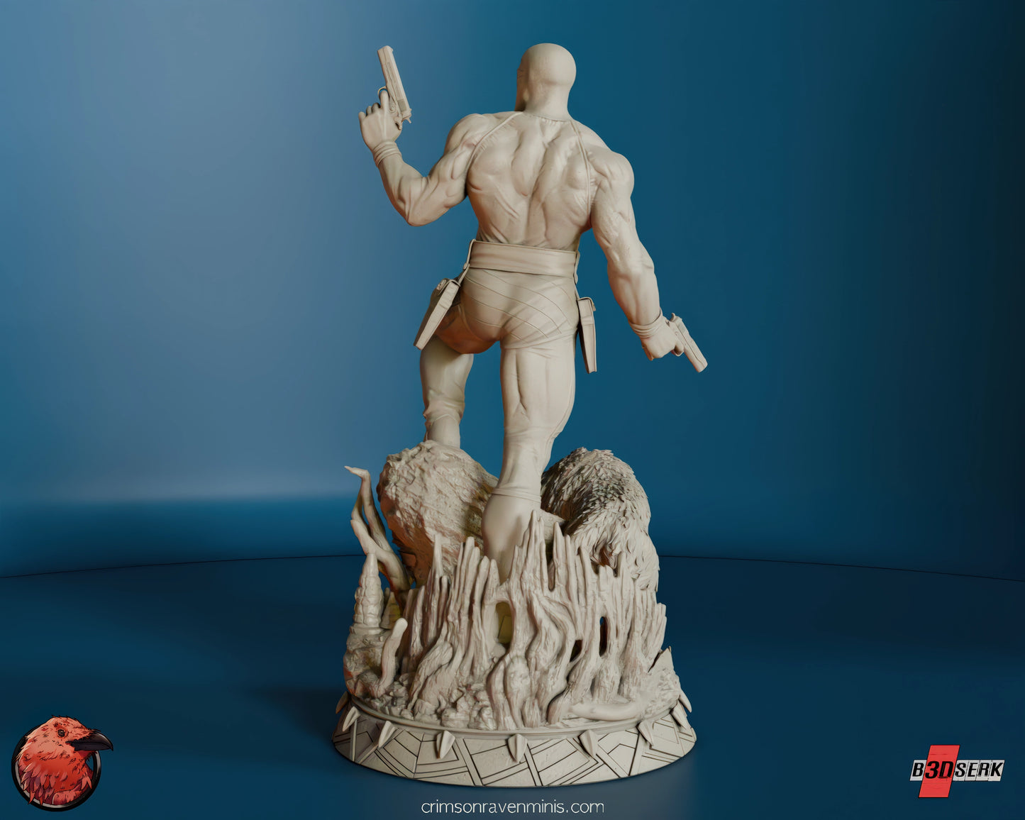 Back view of the unpainted resin model of The Phantom, showing the detailed musculature and the wolf companion on a rocky base.