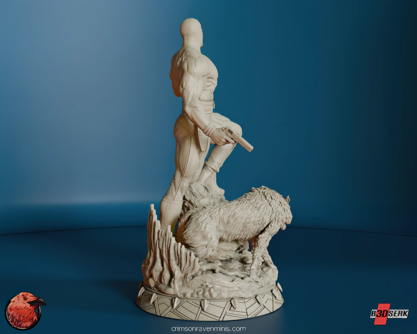 Rear angled view of the unpainted resin model of The Phantom, showing the intricate details of the figure and the wolf on the textured base.