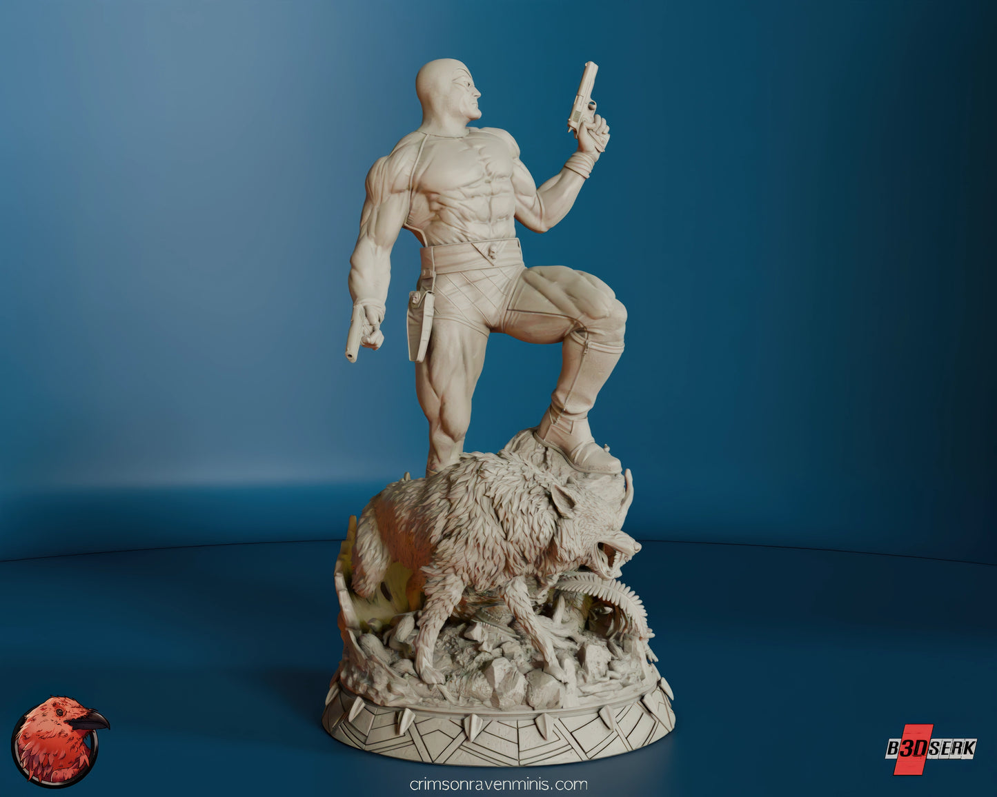 Front angled view of the unpainted resin model of The Phantom, featuring the hero with dual pistols and his wolf companion on a detailed base.