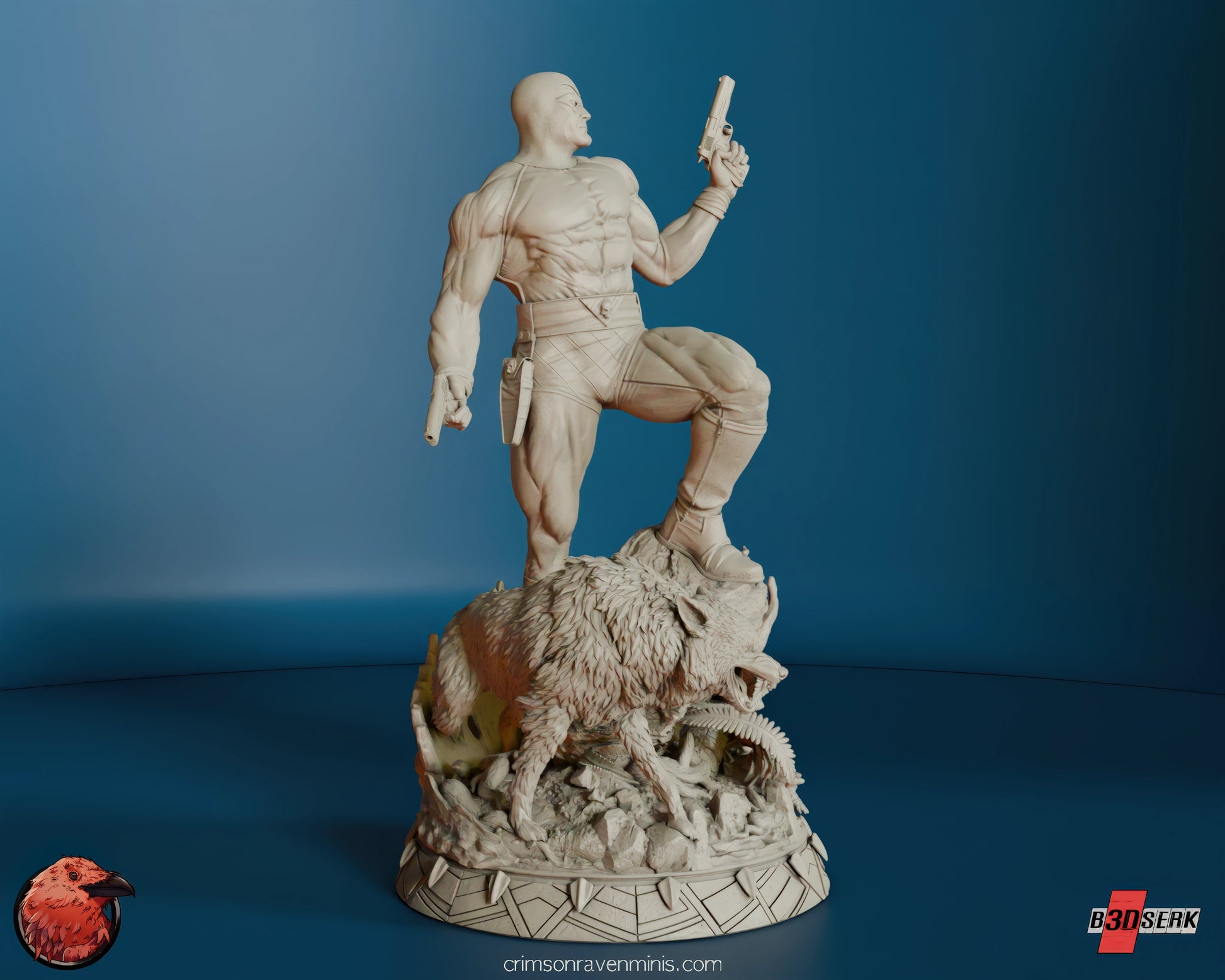 Front angled view of the unpainted resin model of The Phantom, featuring the hero with dual pistols and his wolf companion on a detailed base.