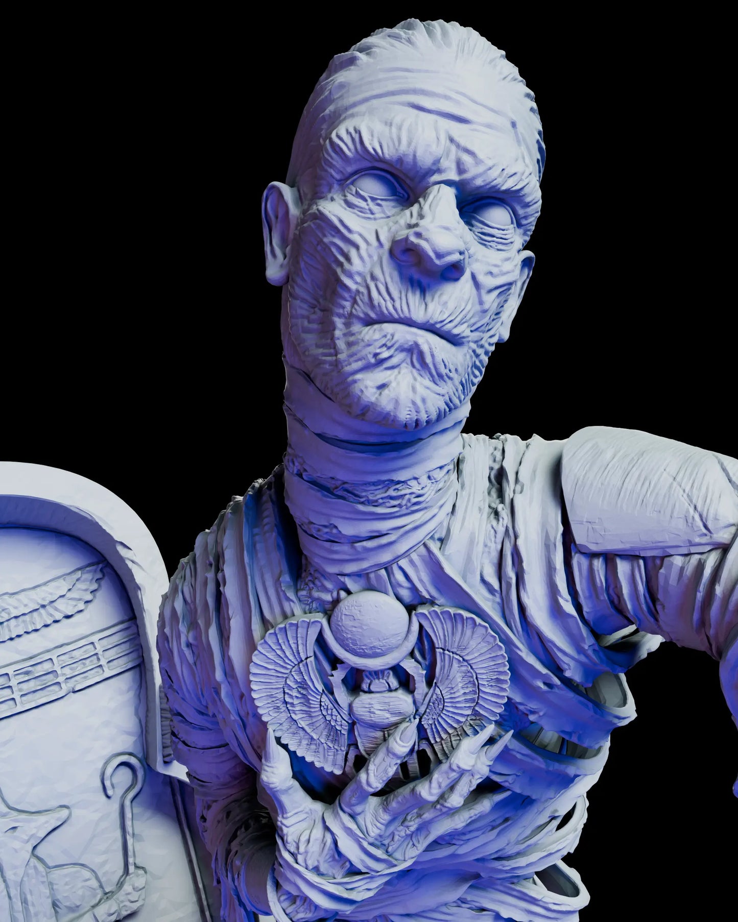 Close-up of alternate mummy portrait inspired by classic Boris Karloff interpretation featuring aged facial texture, wrapped neck details, and Egyptian amulet centerpiece