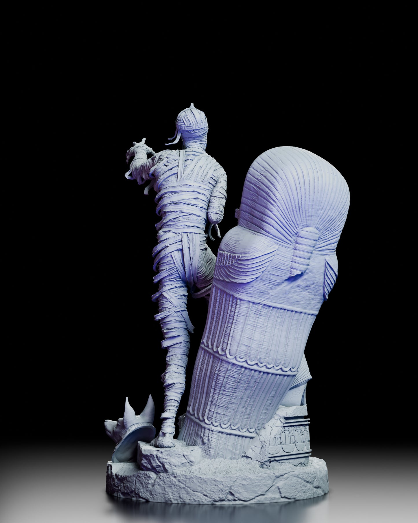 Rear view of Egyptian mummy figure model kit stepping from tomb with detailed bandage sculpting and sarcophagus base