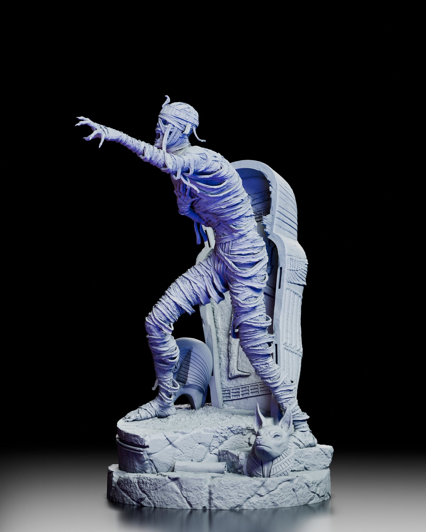 Left angle view of mummy figure model kit highlighting dynamic pose and layered bandage textures