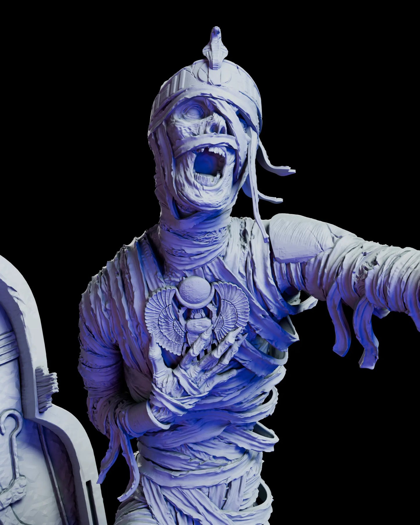 Close-up detail of mummy portrait showing wrapped face, open mouth expression, and ancient Egyptian amulet sculpt