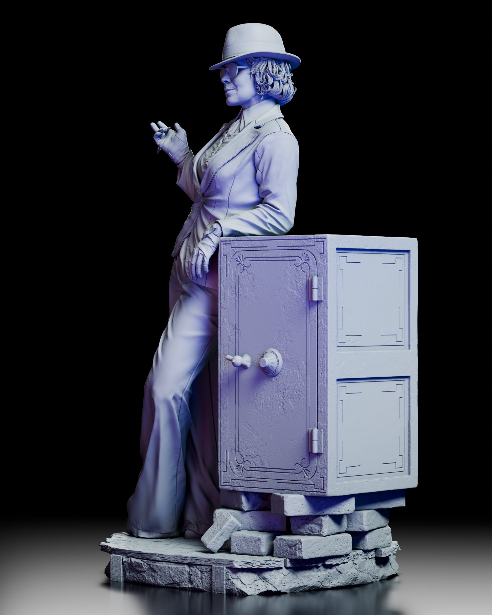 Left side profile of Polly Gray figure model kit highlighting sculpted clothing folds and relaxed posture