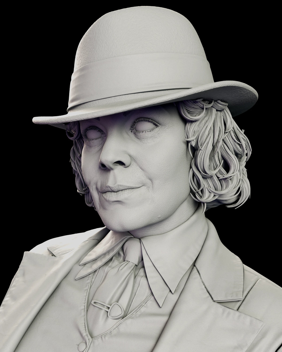 Portrait of the alternate Polly Gray head without sunglasses, eyes turned aside with a knowing half-smile under the hat brim