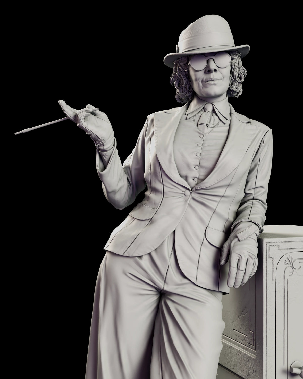 Detail of Polly Gray in tailored jacket, waistcoat and tie holding a long cigarette holder in a gloved hand