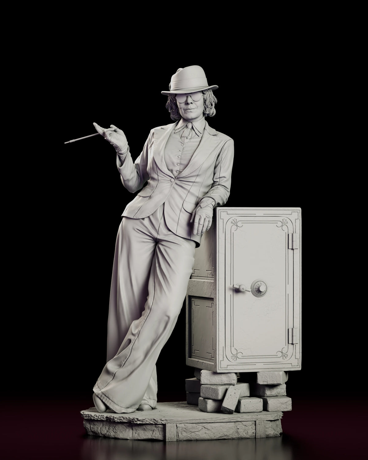 Front view of the Polly Gray figure model kit in a tailored suit and hat leaning on a strongbox with a combination dial