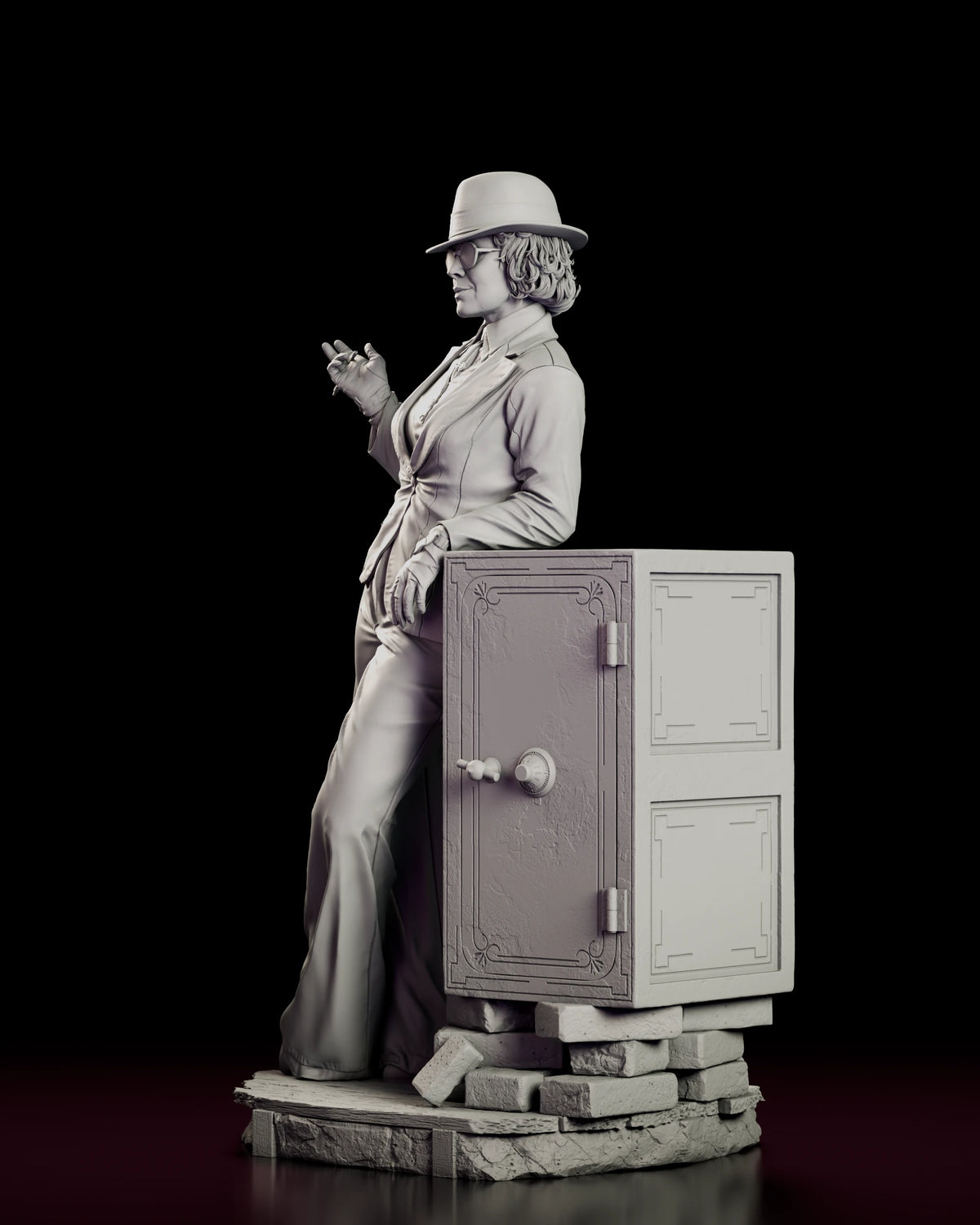 Left side view of the Polly Gray resin model showing the raised cigarette holder and the wide-legged trousers