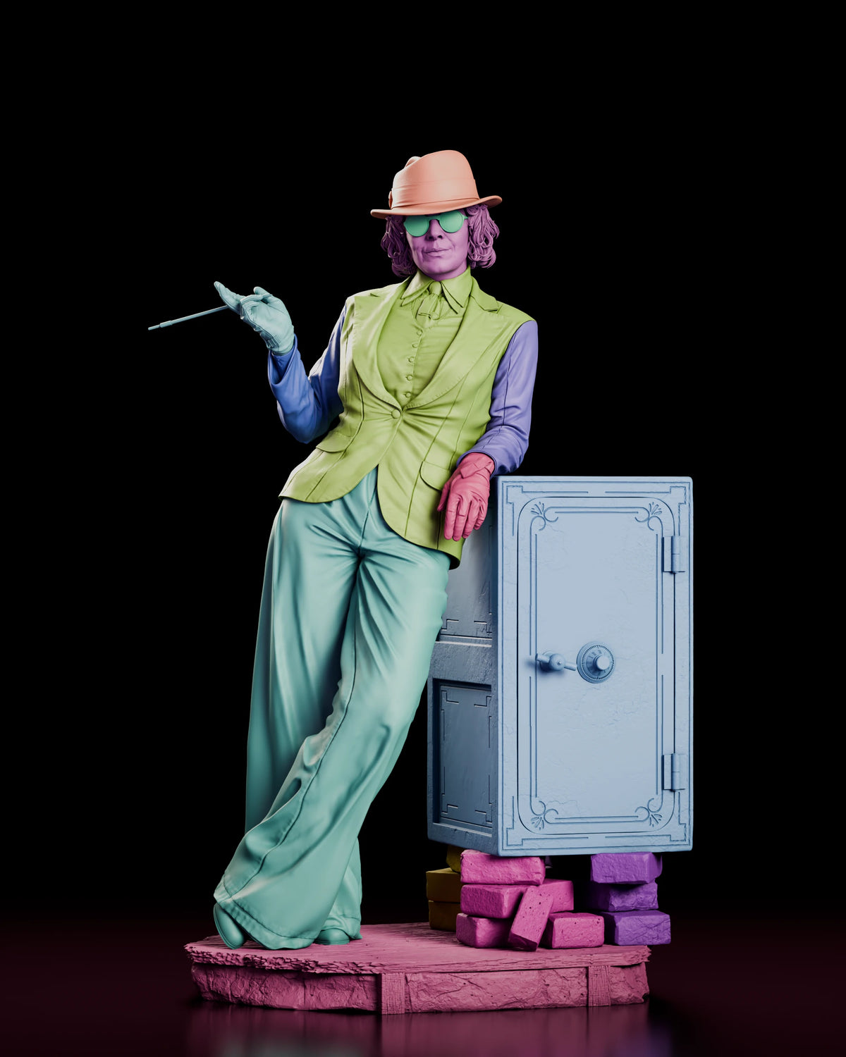 Parts breakdown of the Polly Gray resin kit with the portraits, body, arms, cigarette holder, safe, bricks and base in separate colours