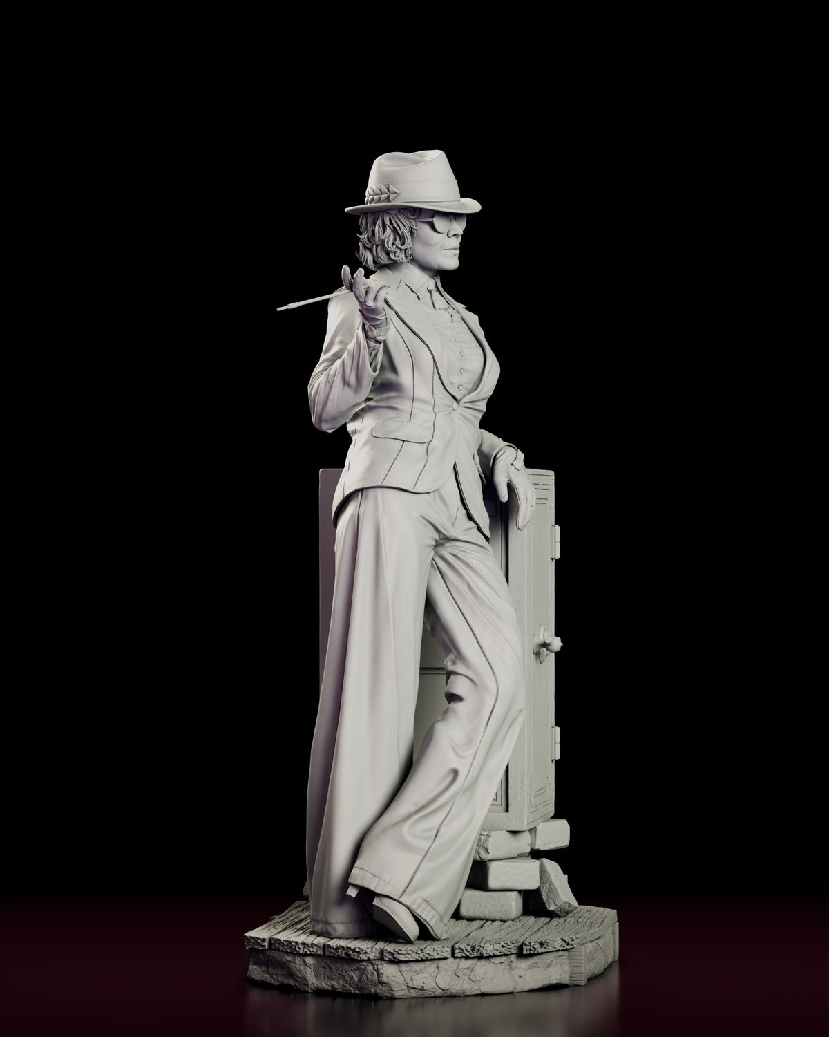 Right side view of the Polly Gray resin model showing the elbow resting on the safe and the scrollwork door