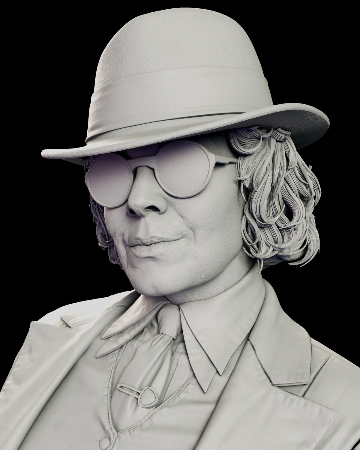Portrait of Polly Gray in a felt hat and round tinted sunglasses with curled hair at the brim