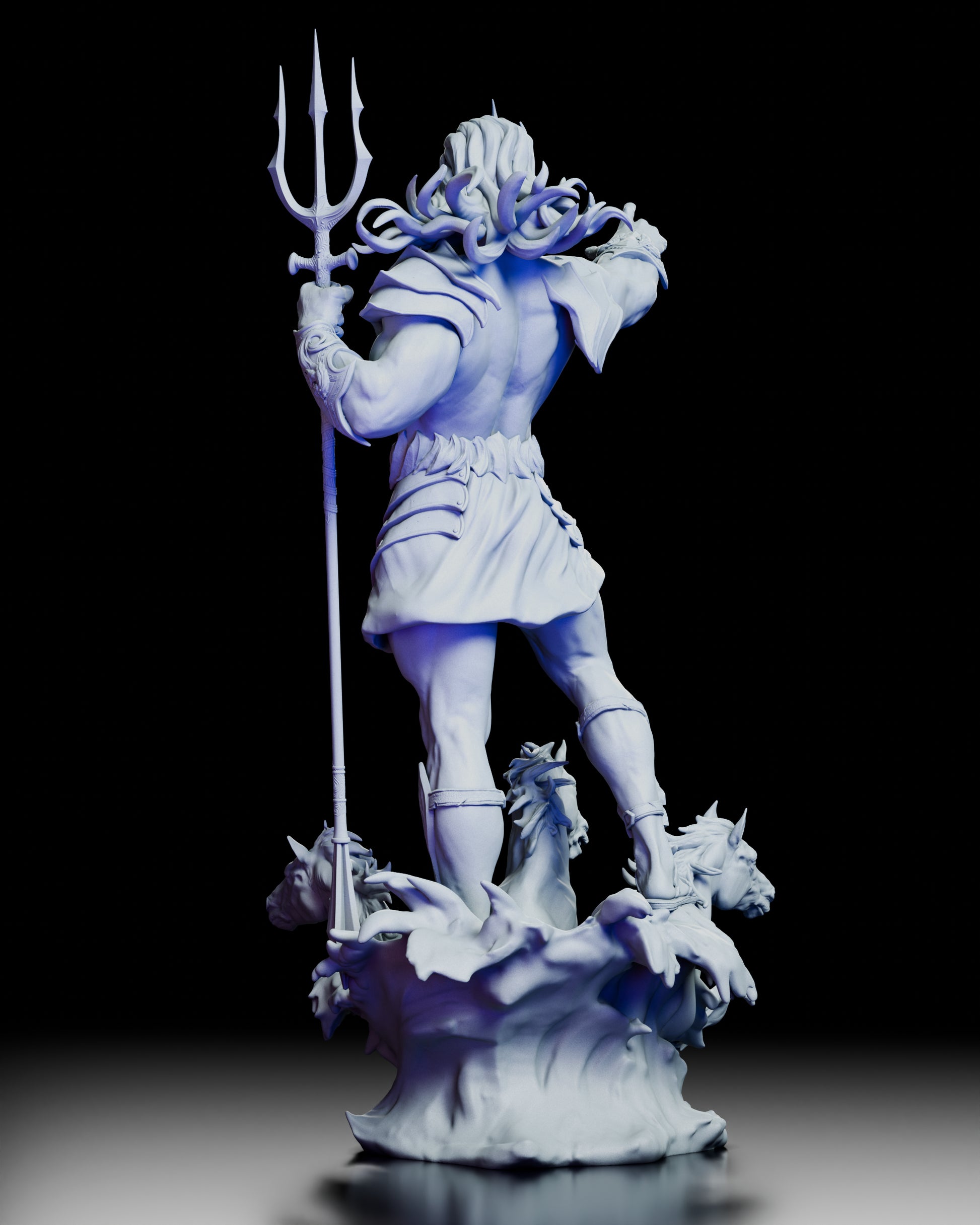 Rear view of Poseidon, Bringer of Storms resin model highlighting flowing hair, muscular detail, and wave-formed base