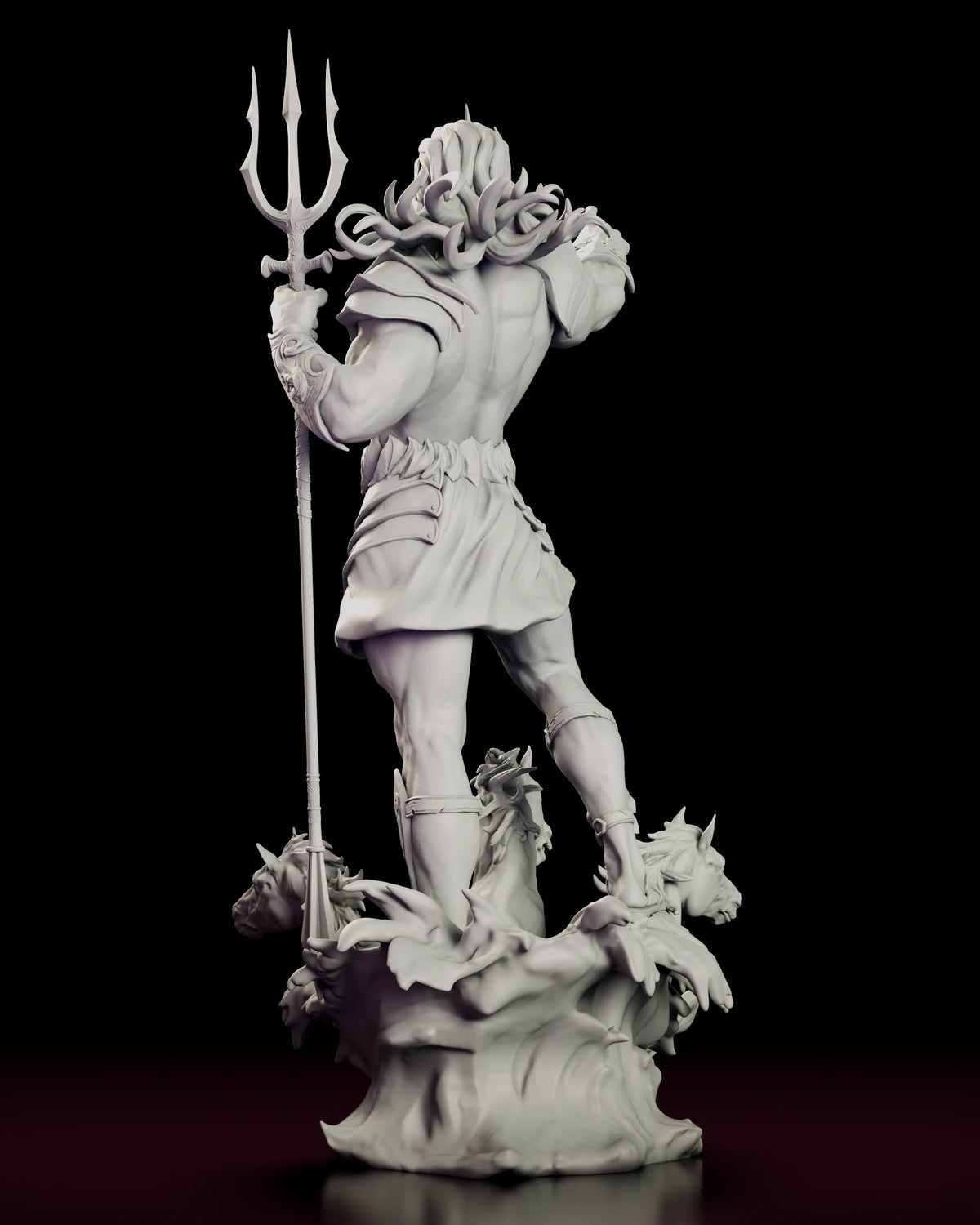 Back view of the Poseidon figure model kit showing the trident, kilt and wave base