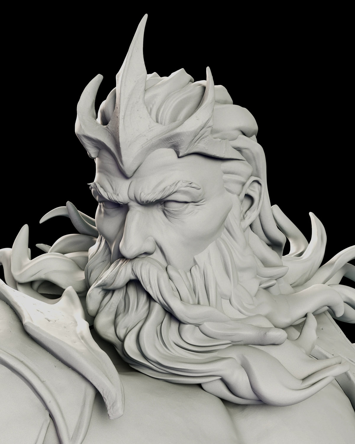 Portrait of Poseidon with a spiked fin-like crown, flowing hair and long beard