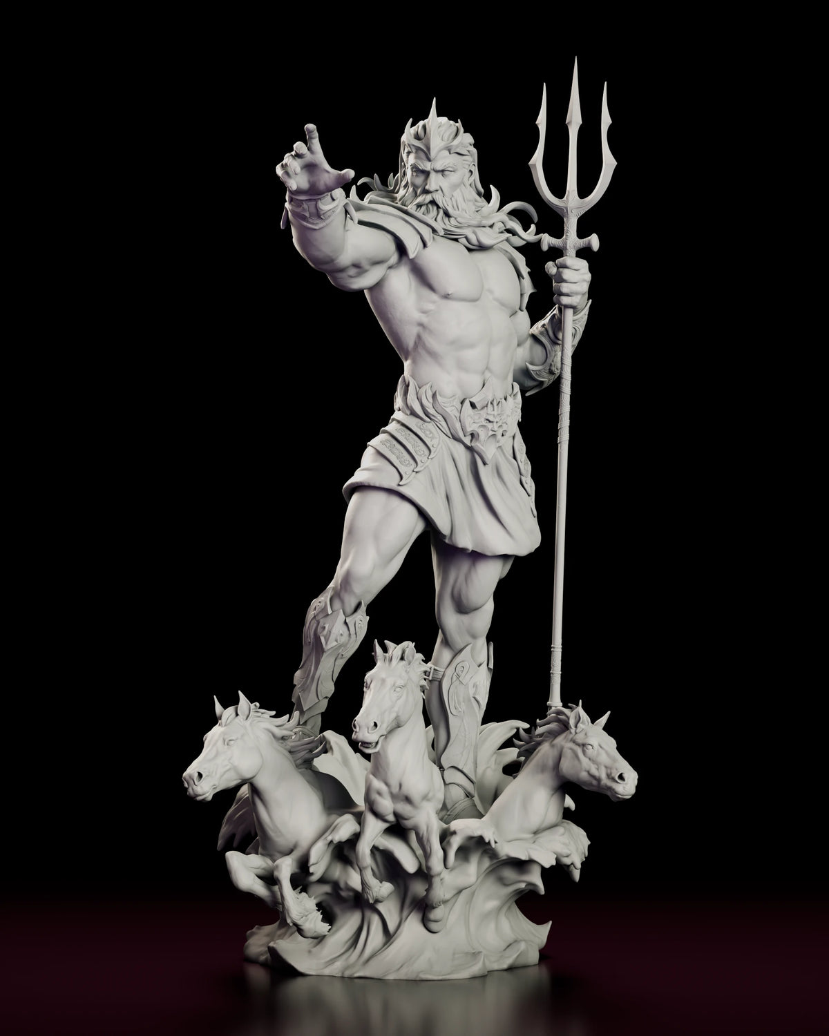 Front view of the Poseidon figure model kit standing over three horses surging from a breaking wave