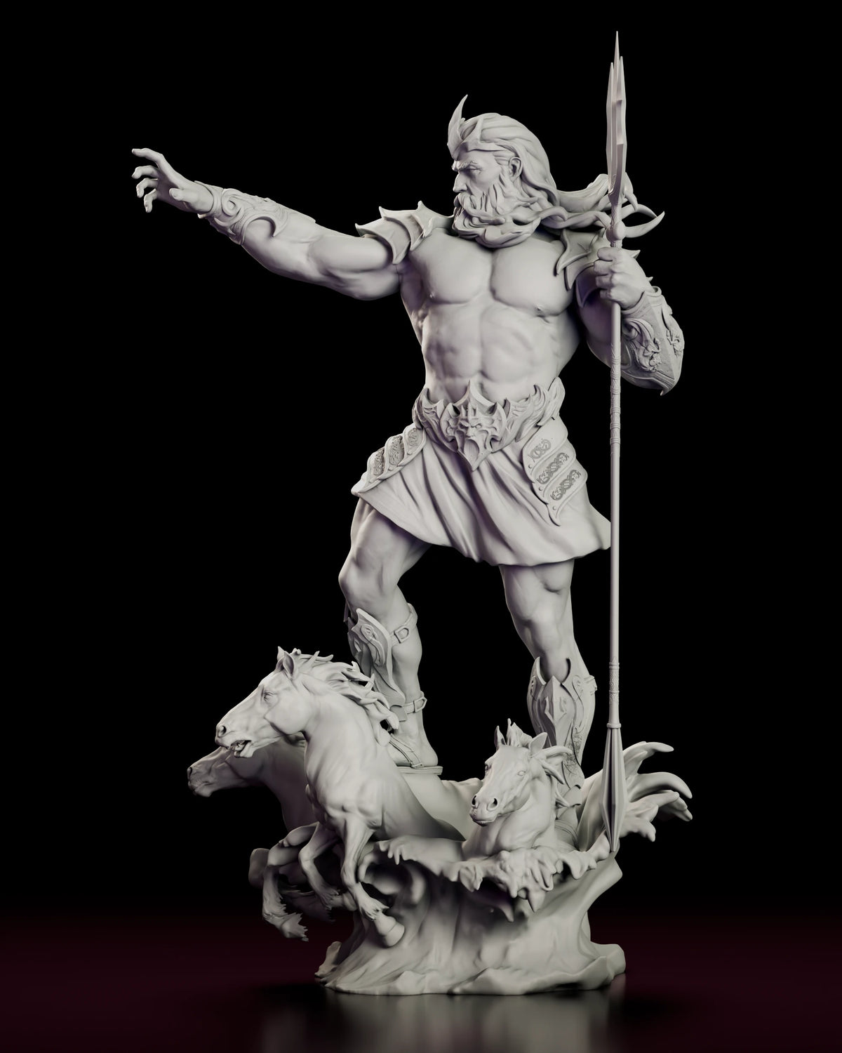Left side view of Poseidon holding the trident upright above the wave base