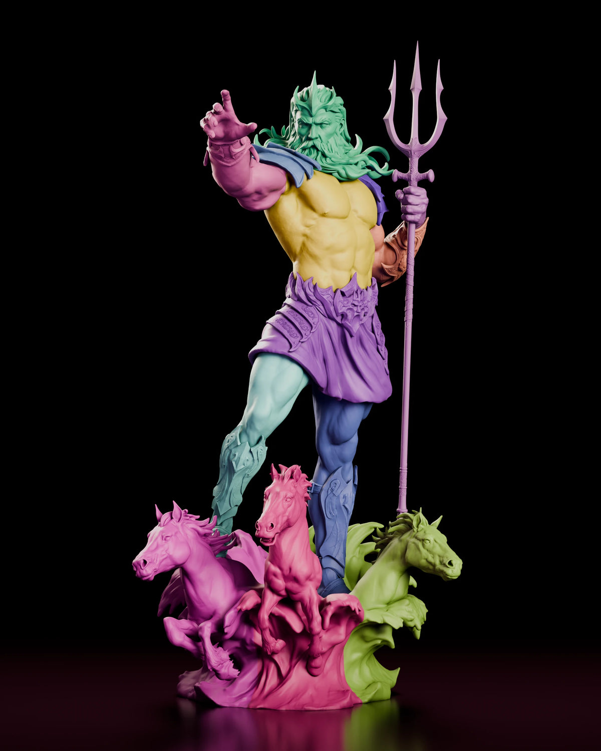 Parts breakdown of the Poseidon figure model kit with god, trident, horses and wave base shown in separate colours