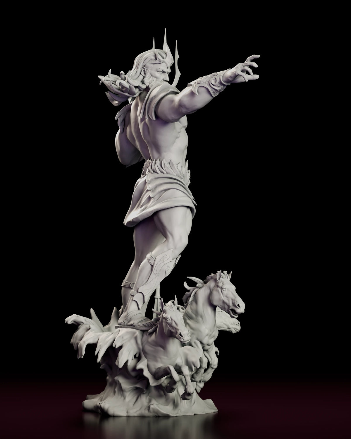 Right side view of Poseidon with his arm thrust forward and the horses rising beneath him