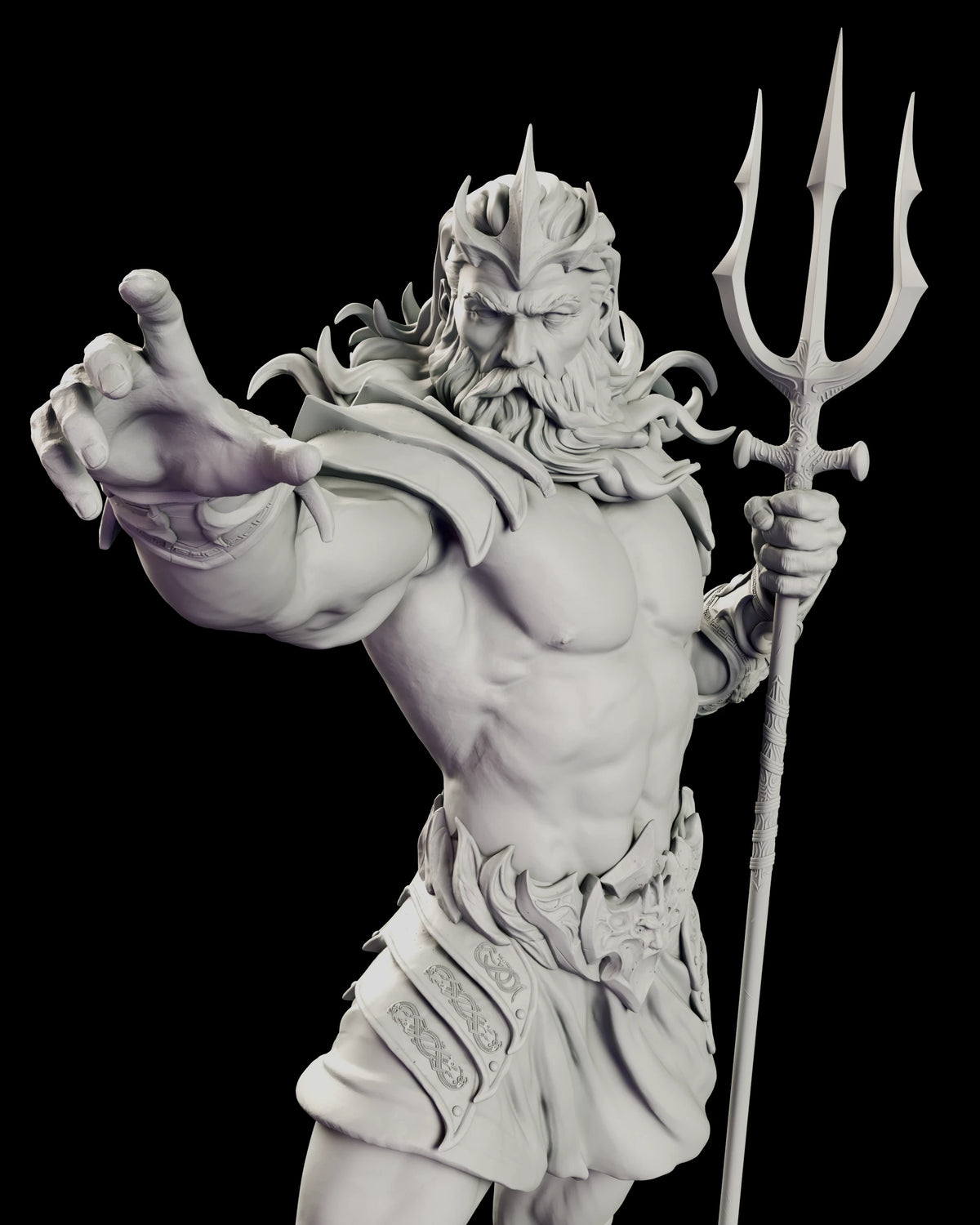 Close view of Poseidon reaching forward with his trident upright and armoured shoulder guard