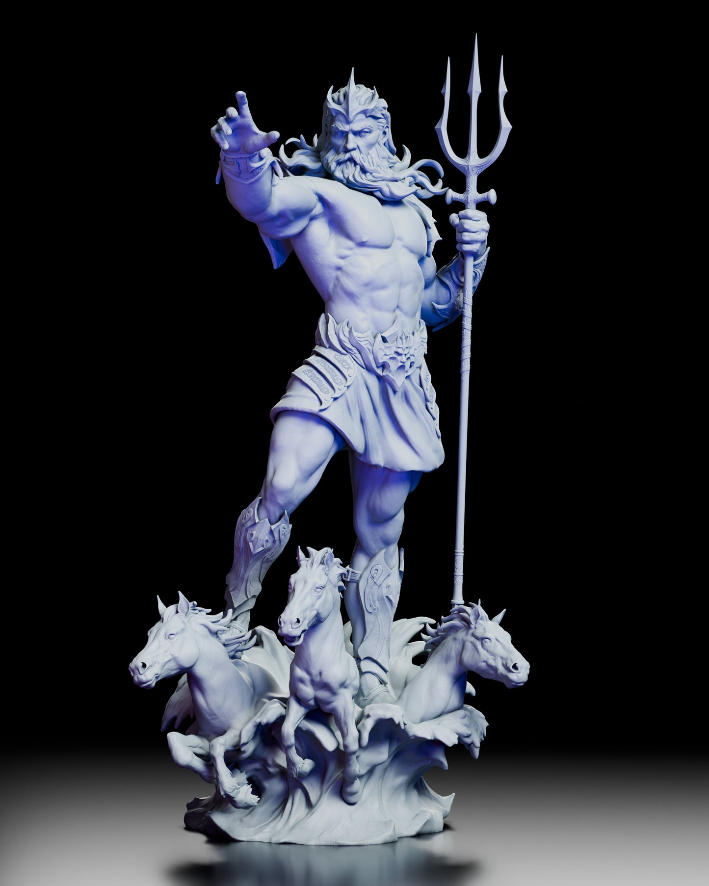 Front view of Poseidon, Bringer of Storms resin figure kit sculpted by CA3D Art, showing trident raised and sea horses emerging from waves