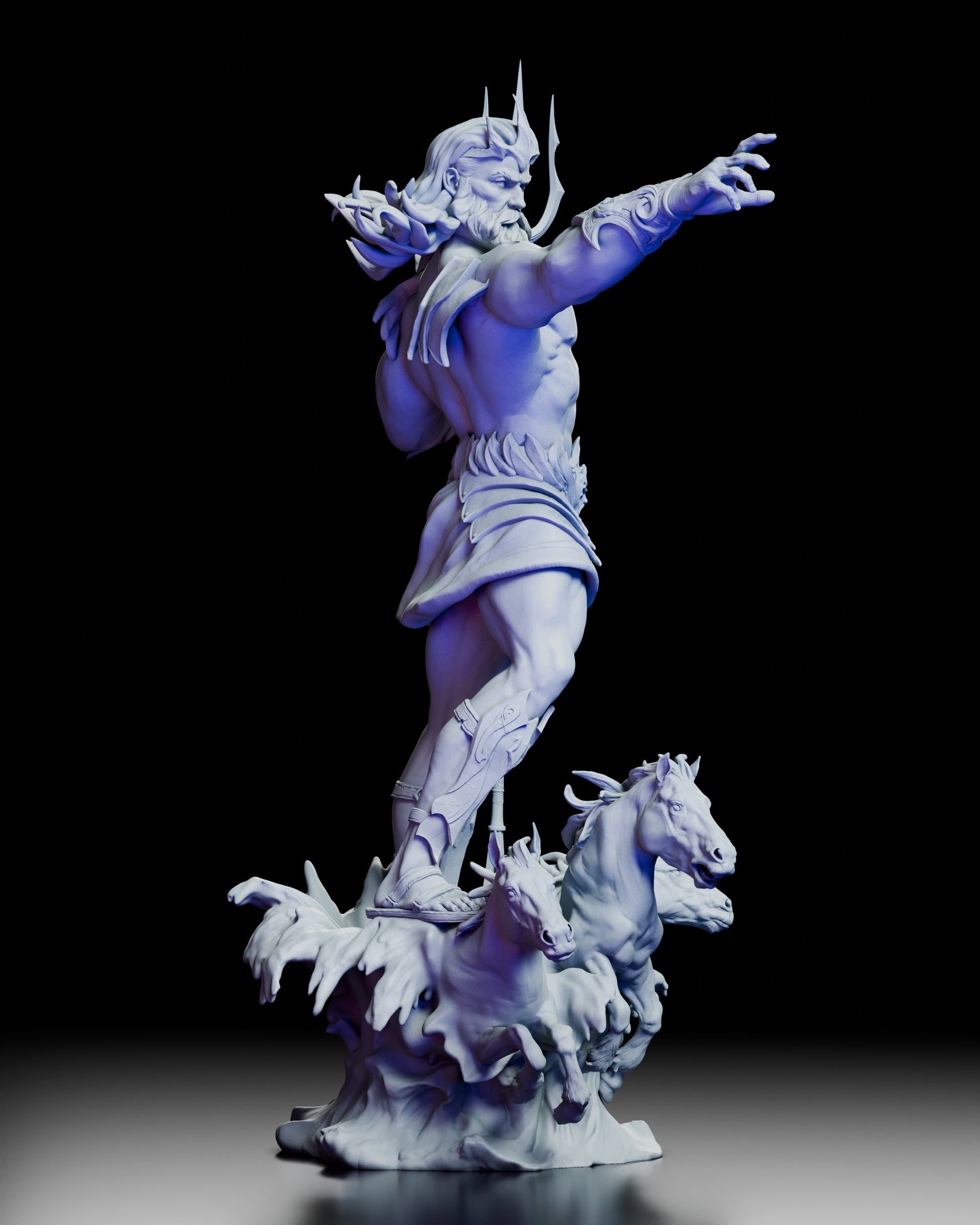 Right profile of Poseidon, Bringer of Storms figure kit capturing fluid motion and wave base from a dramatic angle