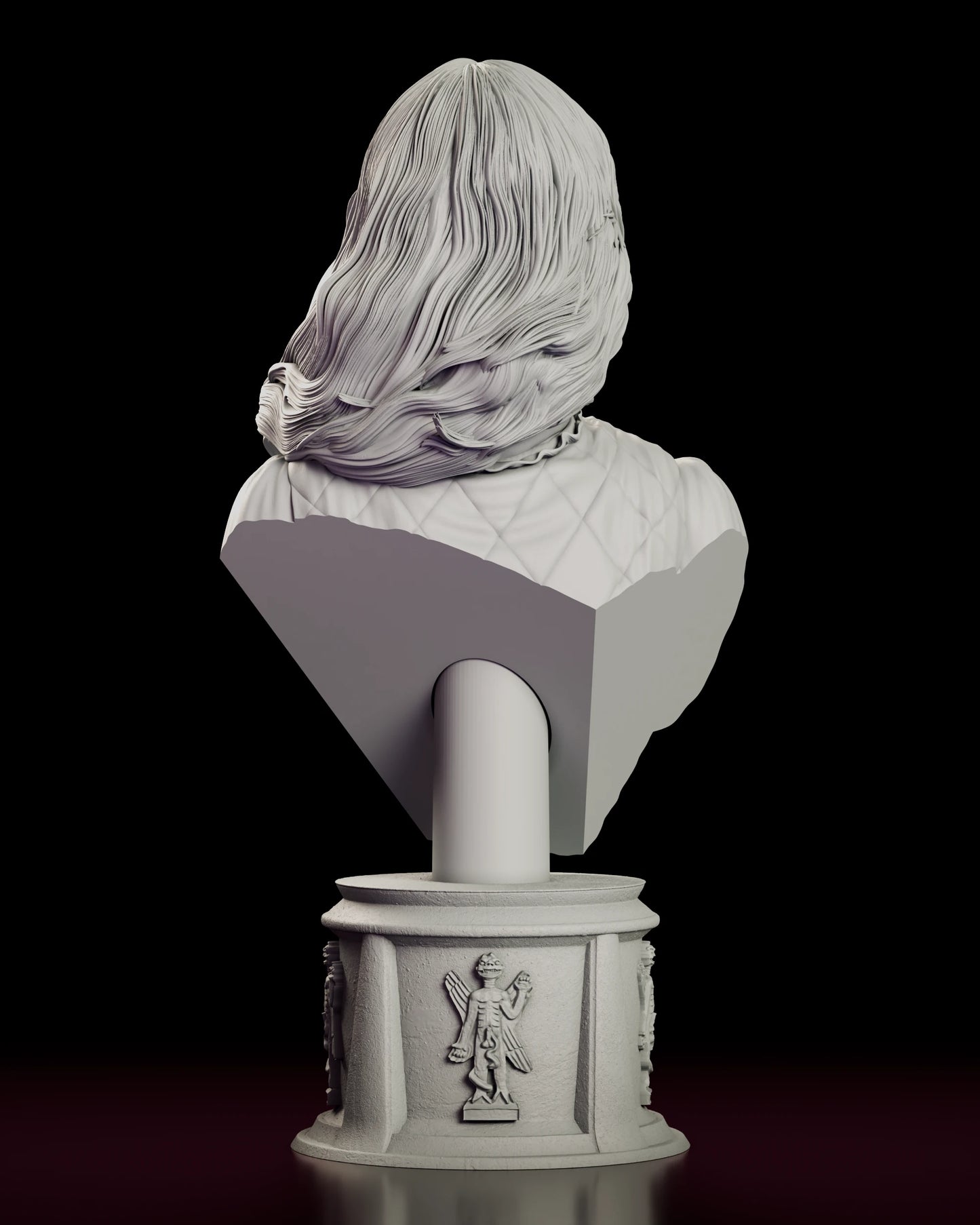 Rear view of the Possessed by Pazuzu Regan bust figure model kit showing the full fall of the hair down the back of the quilted nightgown and the moulded rim of the plinth