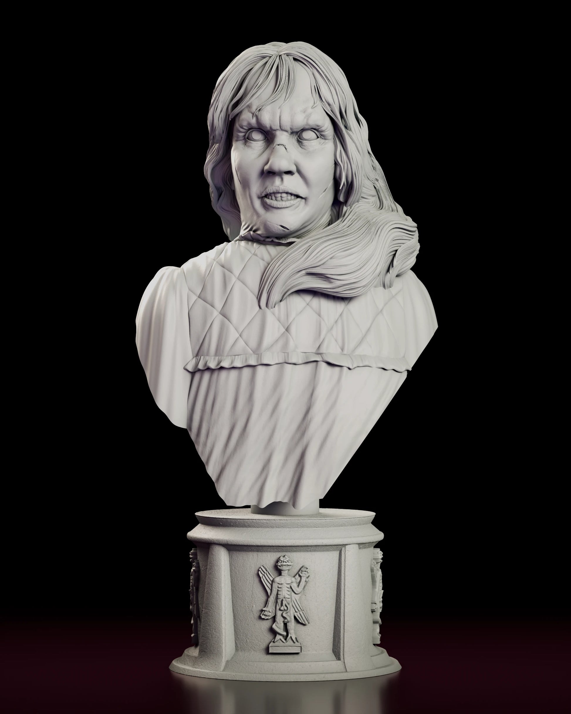 Front view of the Possessed by Pazuzu Regan bust figure model kit showing the diamond-quilted yoke, the ruffled band and the puffed sleeves of the nightgown below the ruined face