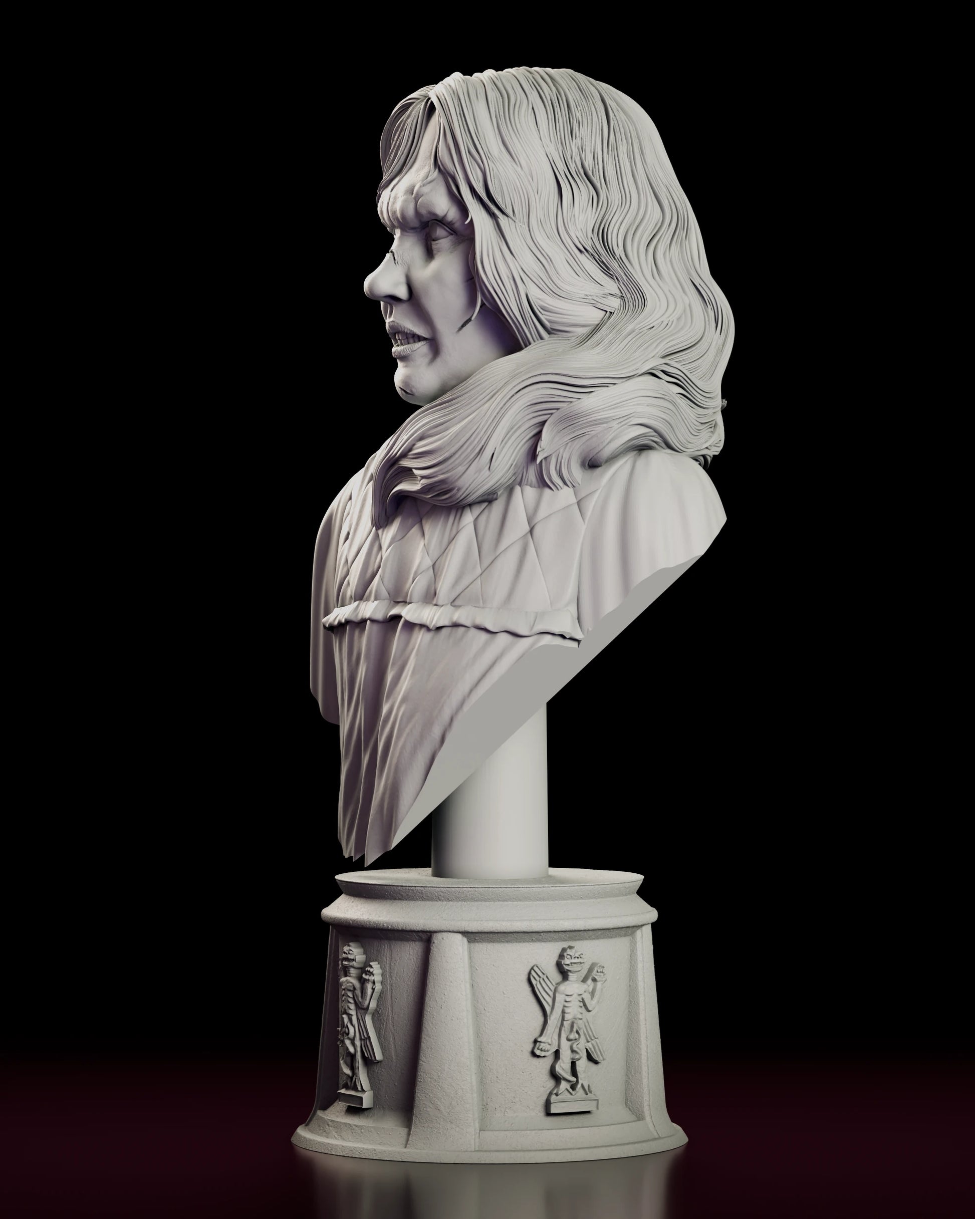 Left side view of the Possessed by Pazuzu Regan bust figure model kit showing the sweep of hair across the quilted yoke and the side relief panel of the plinth