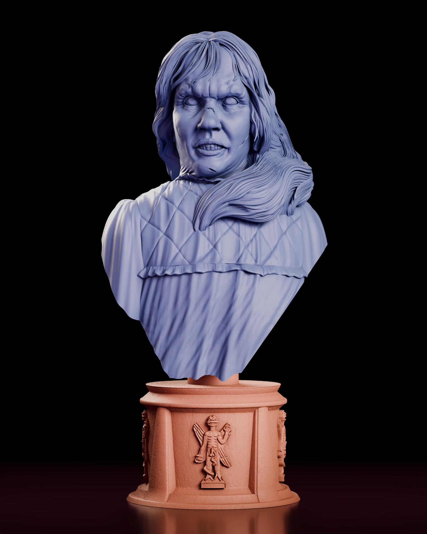 Parts breakdown of the Possessed by Pazuzu Regan bust figure model kit showing the nightgowned bust and the demon-relief plinth as separate pieces in different colours