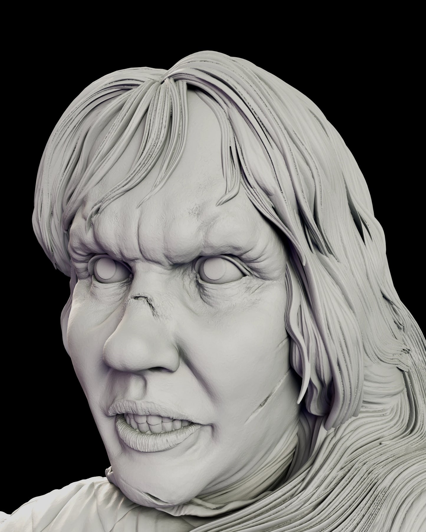 Portrait detail of the Possessed by Pazuzu Regan bust figure model kit, showing the pupil-less white eyes, the furrowed brow, the clawed scratches across the cheeks and the cracked lips drawn back off the teeth