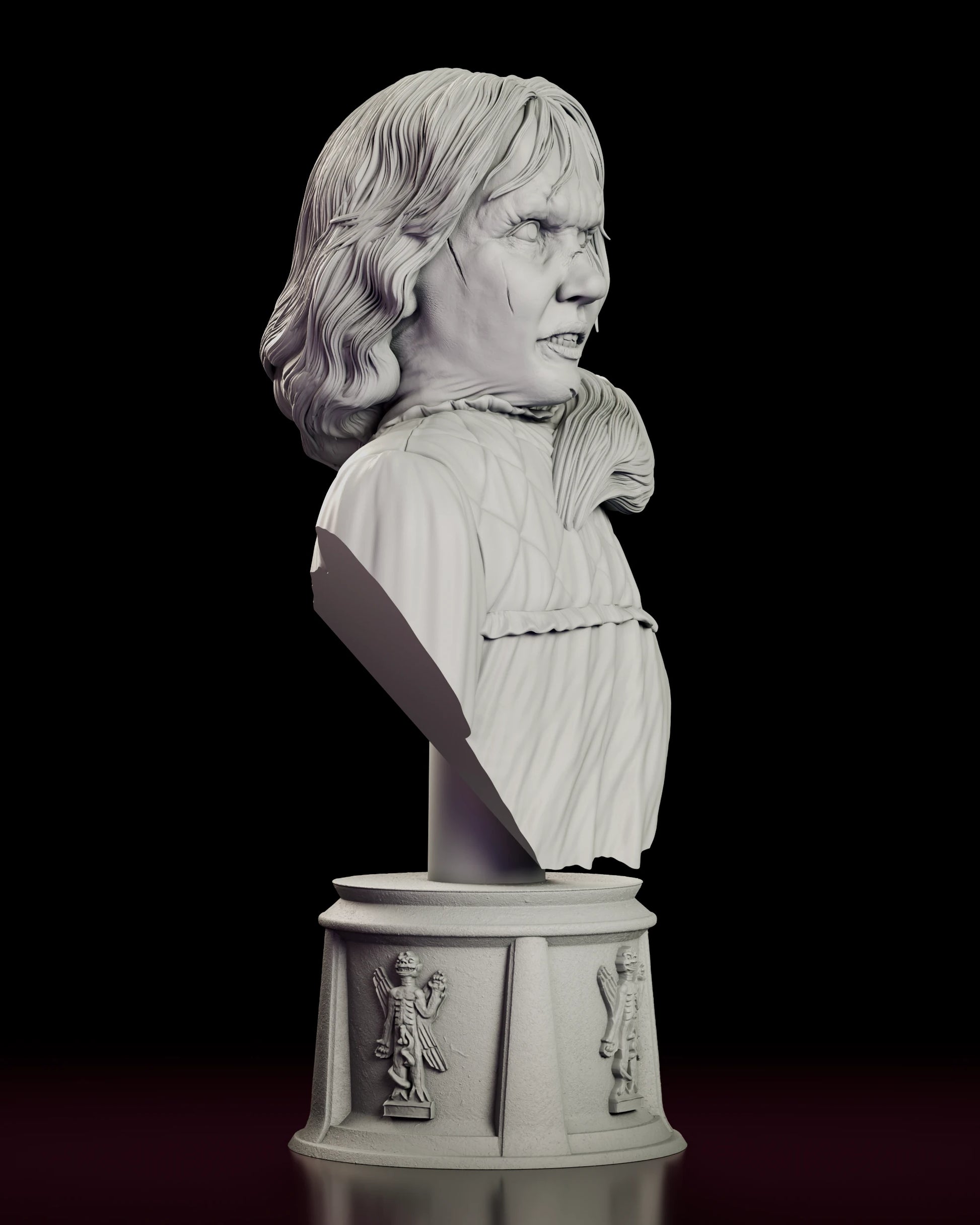 Right side view of the Possessed by Pazuzu Regan bust figure model kit showing the profile of the face, the strained throat and the long waved hair falling past the shoulder
