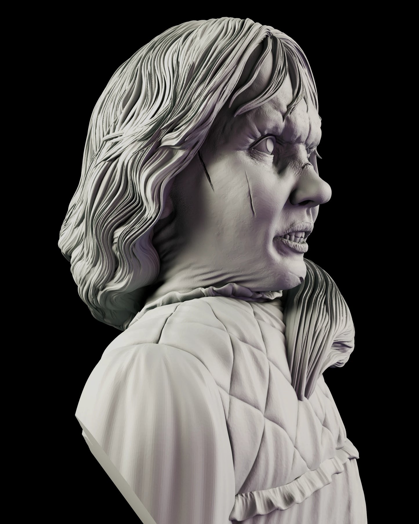 Close view of the Possessed by Pazuzu Regan bust figure model kit, showing the strained wrung neck, the gathered fold above the collar and the hair swept across one shoulder