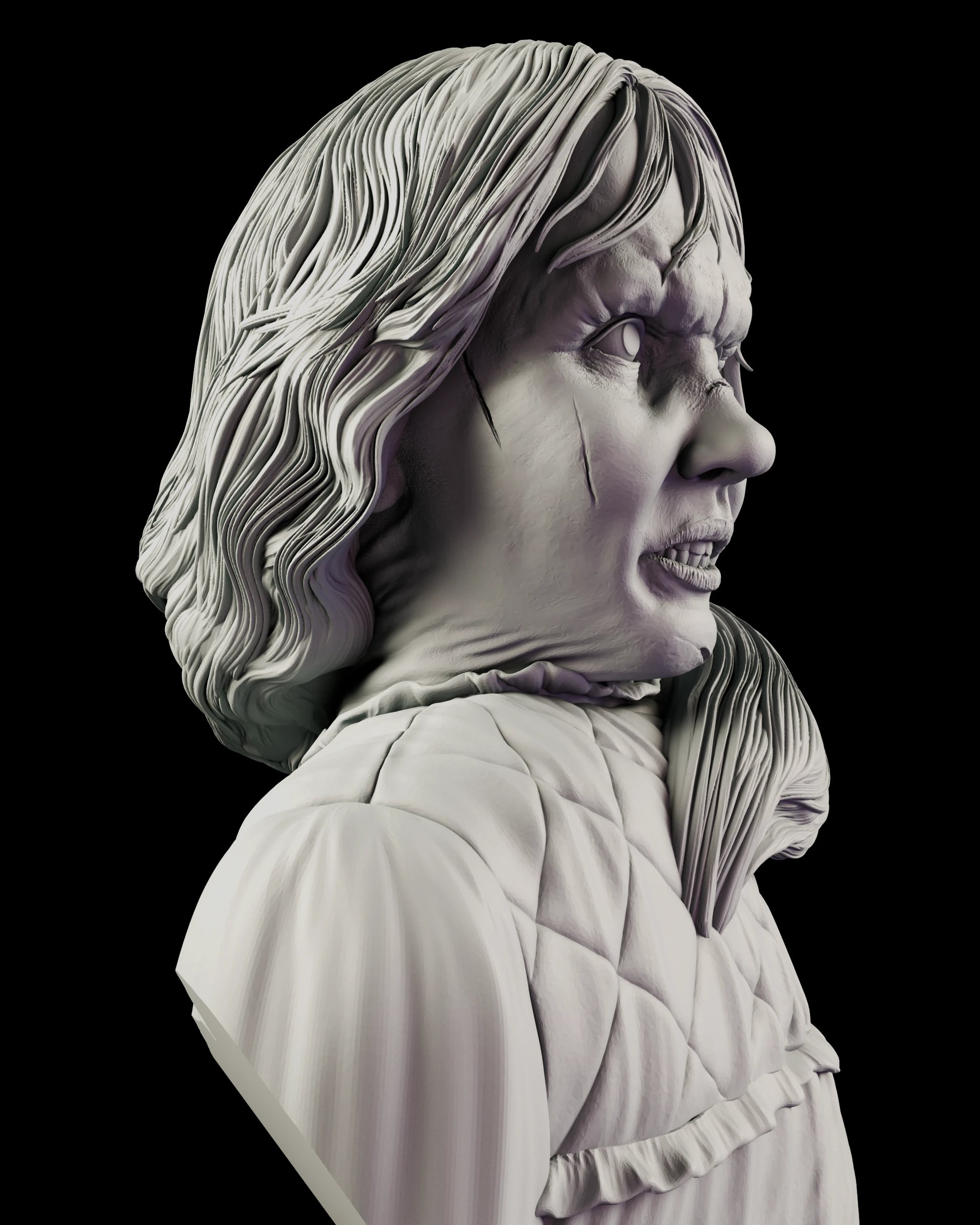 Close view of the Possessed by Pazuzu Regan bust figure model kit, showing the strained wrung neck, the gathered fold above the collar and the hair swept across one shoulder