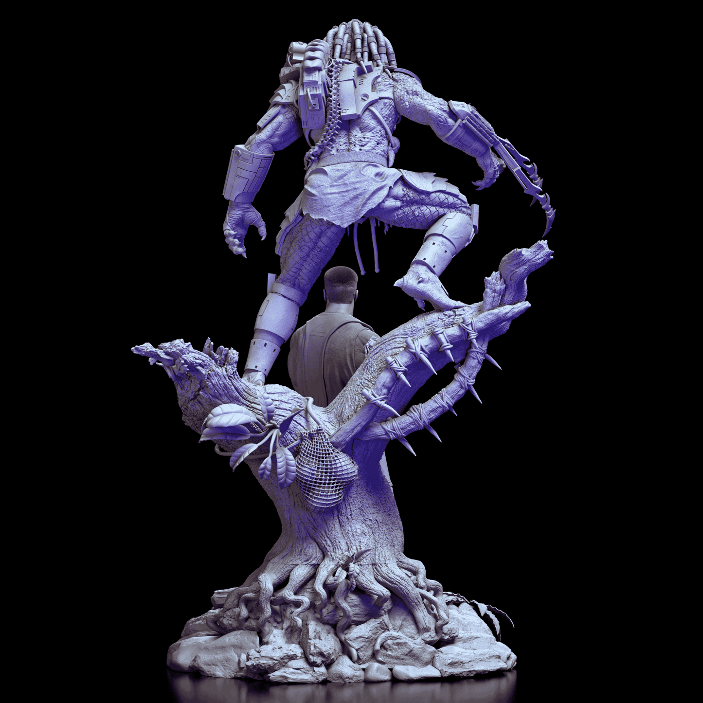 Back view of Predator vs Dutch resin diorama showing tree trunk, jungle base, and Predator's stance