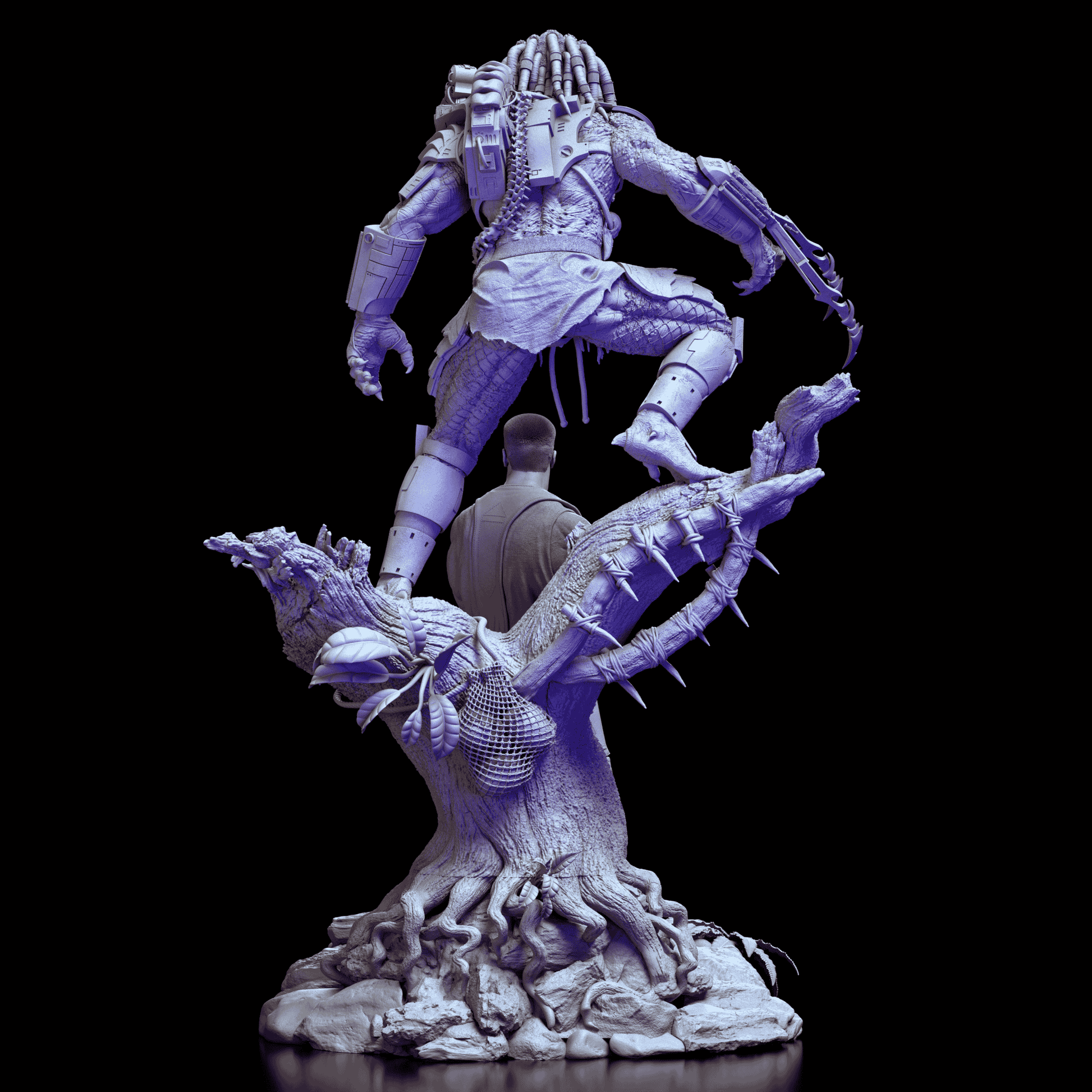 Back view of Predator vs Dutch resin diorama showing tree trunk, jungle base, and Predator's stance