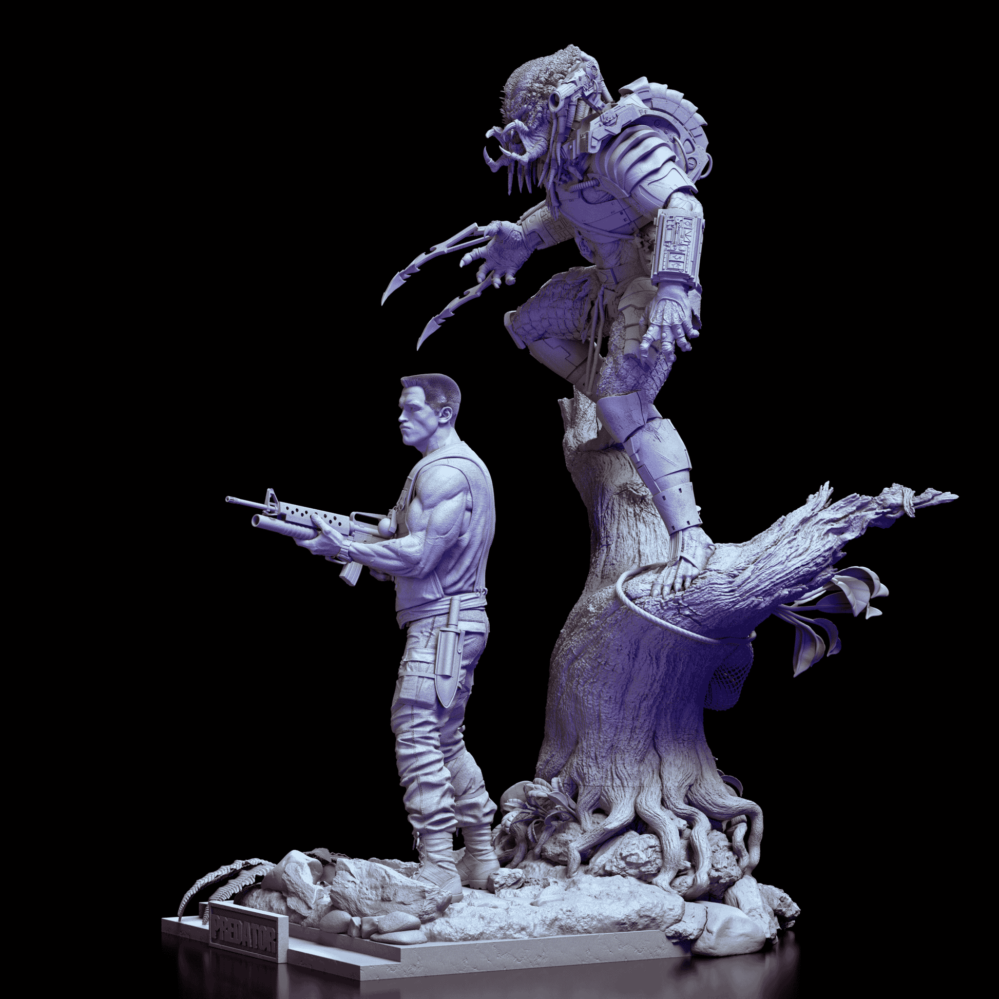 Left angle of Predator vs Dutch diorama showing Dutch aiming rifle and Predator ready to pounce