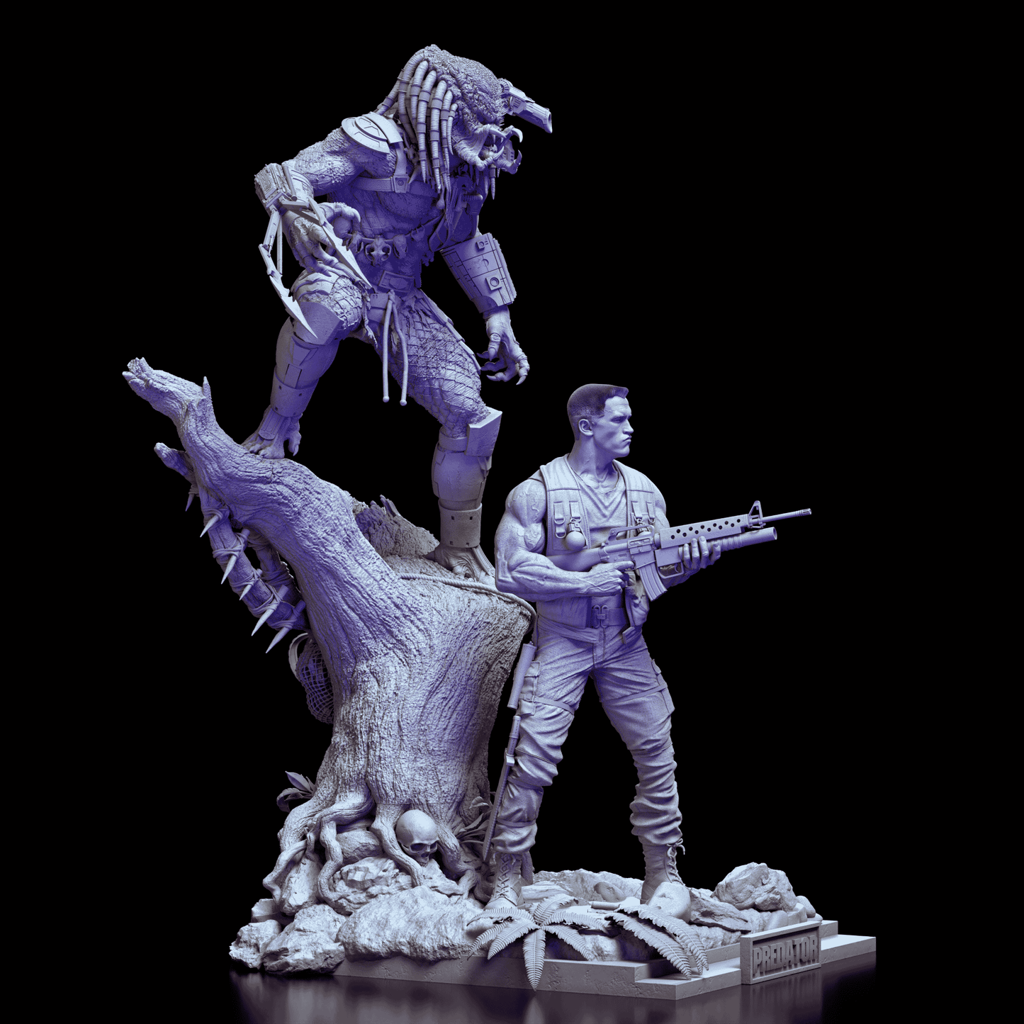 Right side of resin figure kit with Predator above and Dutch cautiously scanning the jungle