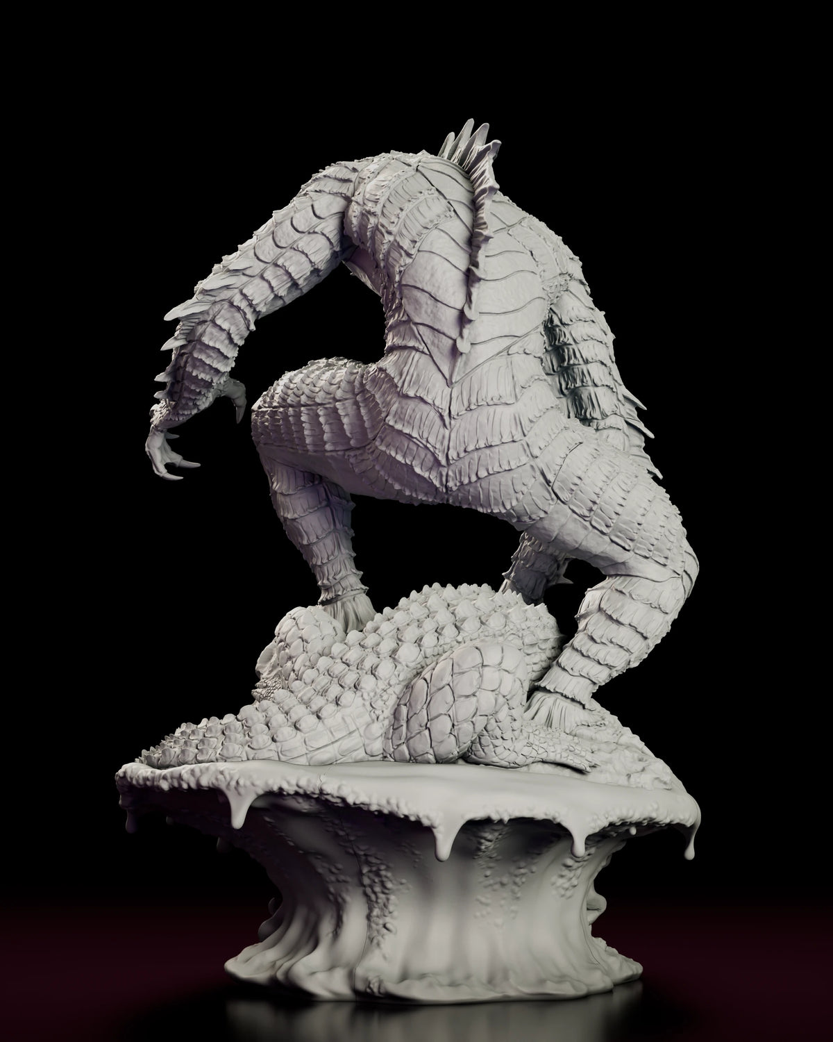 Rear view of the Predator of the Lagoon figure model kit showing the scaled back, spined crest and the alligator's tail