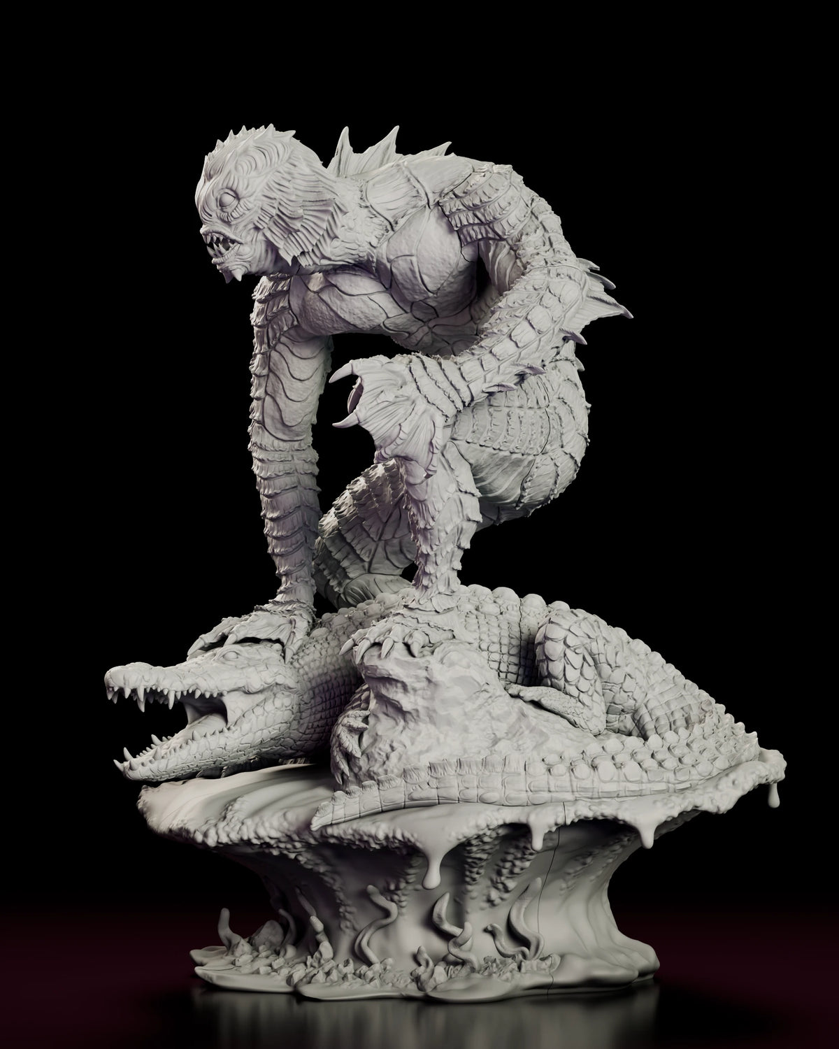 Left side view of the Creature resin model showing the crouched leg and the water running off the mud bank