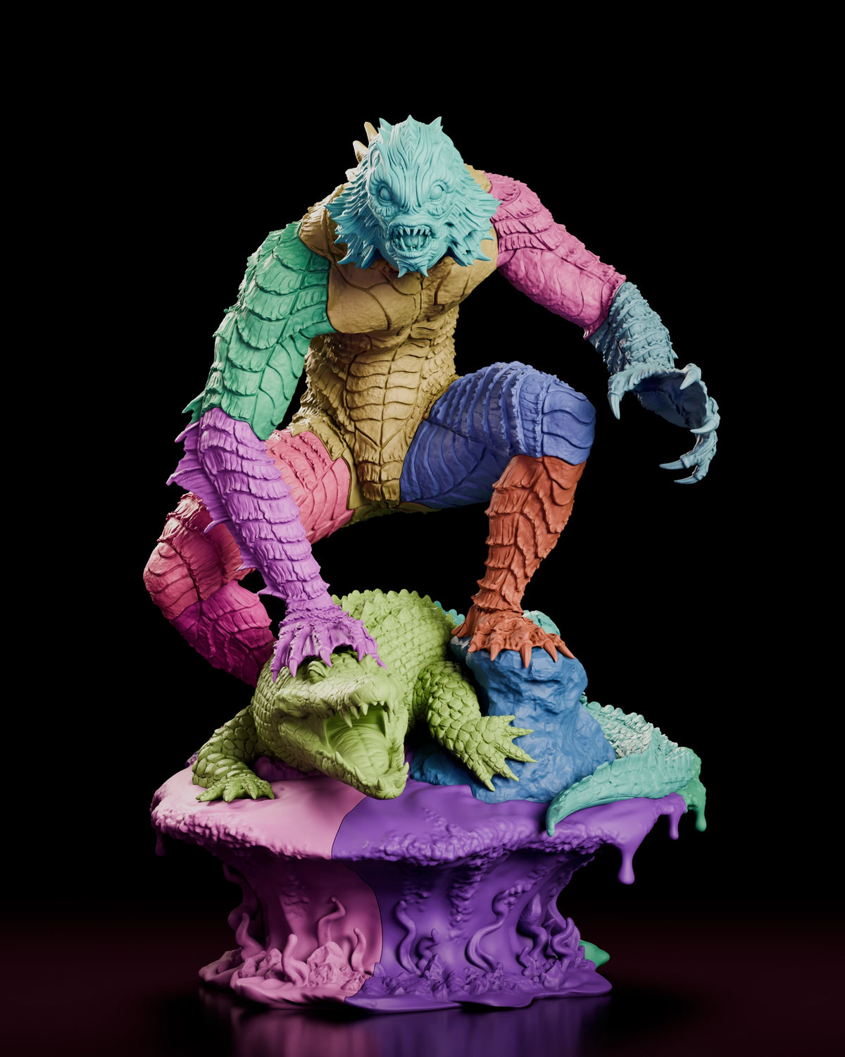 Parts breakdown of the Predator of the Lagoon resin kit with the head, torso, arms, legs, hands, alligator and base shown in separate colours