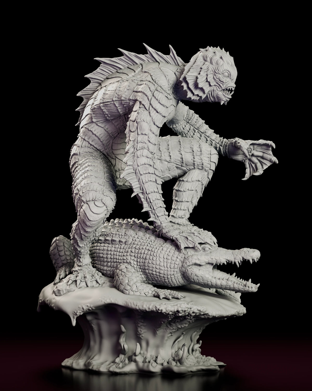 Right side view of the Creature resin model showing the fin ridges down the arm and the alligator on the base