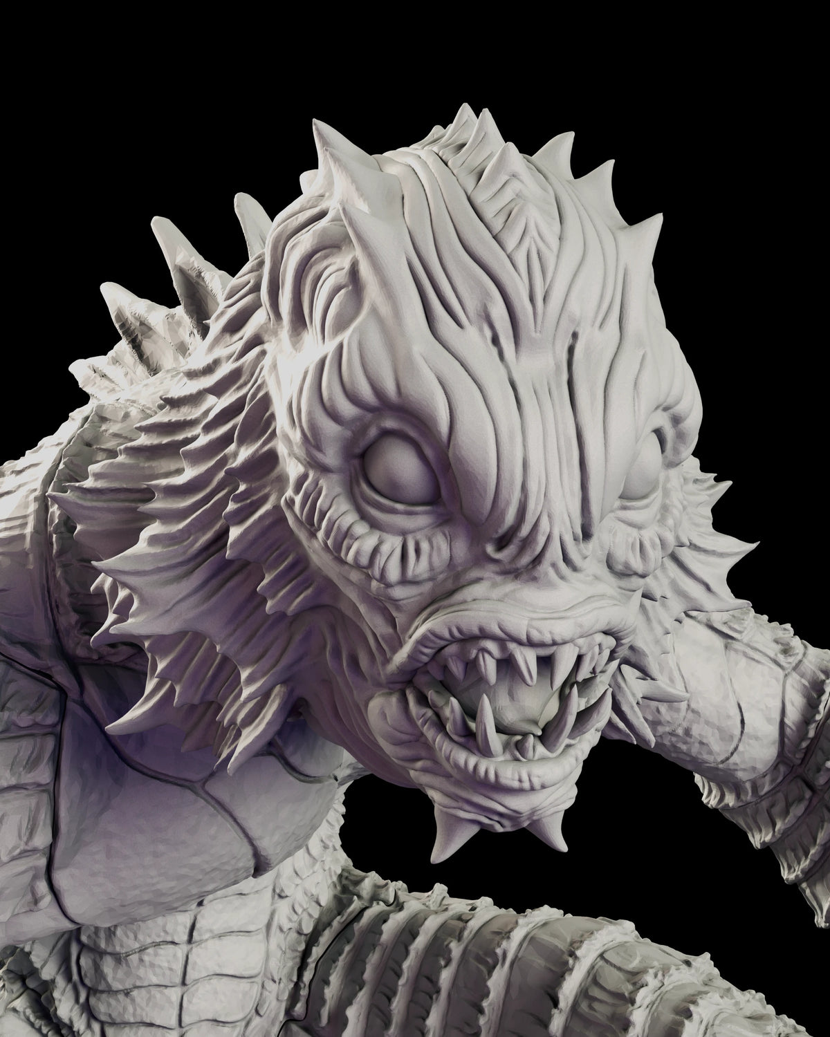 Portrait of the Creature's snarling head with jaw open, needle fangs bared and the gill frill fanned out